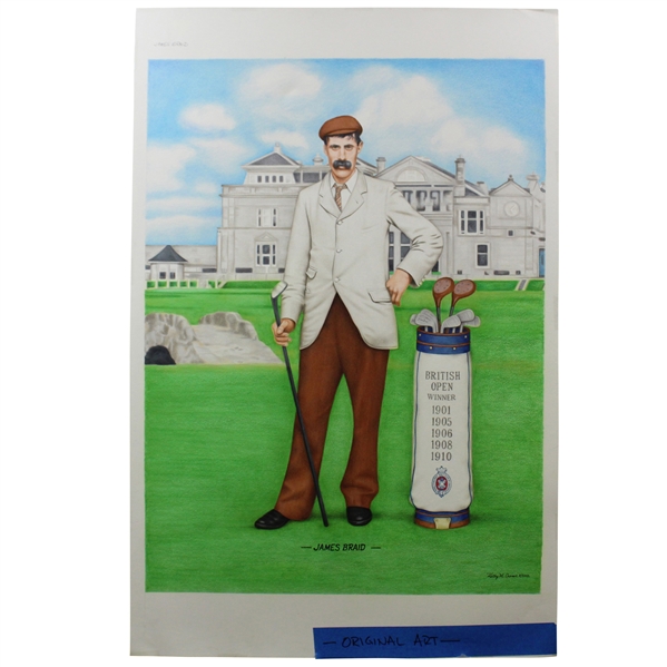 Original Colored Pencil James Braid with Biritsh Open Championships Bag - Signed by Artist Kathy M. Crosse