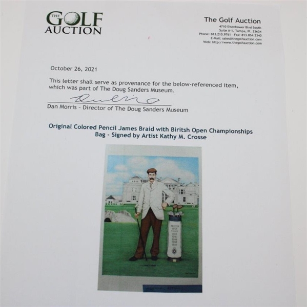 Original Colored Pencil James Braid with Biritsh Open Championships Bag - Signed by Artist Kathy M. Crosse