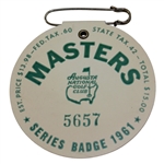 1961 Masters Tournament SERIES Badge #5657 with Original Pin - Gary Player Winner