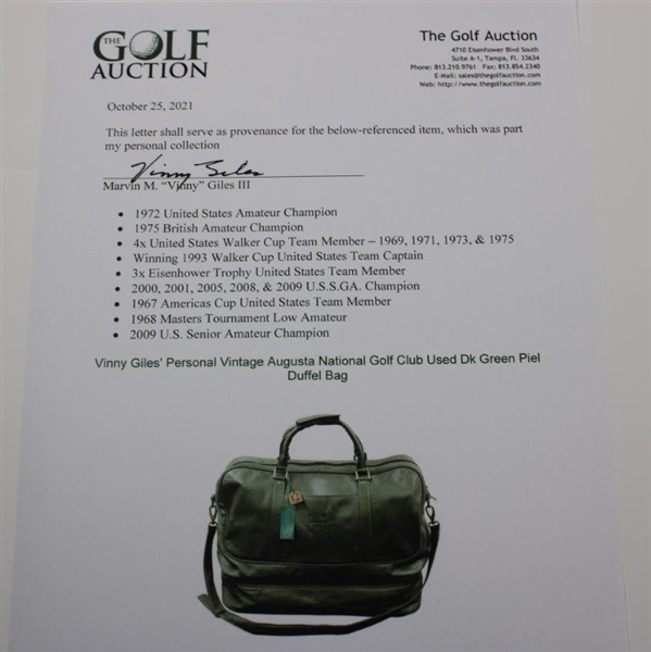 Vinny Giles' Personal Vintage Augusta National Golf Club Used Dk Green Piel Duffel Bag