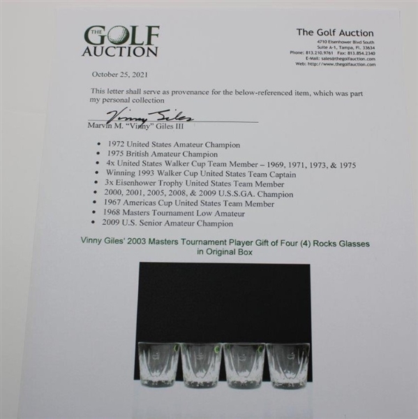 Vinny Giles' 2003 Masters Tournament Player Gift of Four (4) Rocks Glasses in Original Box