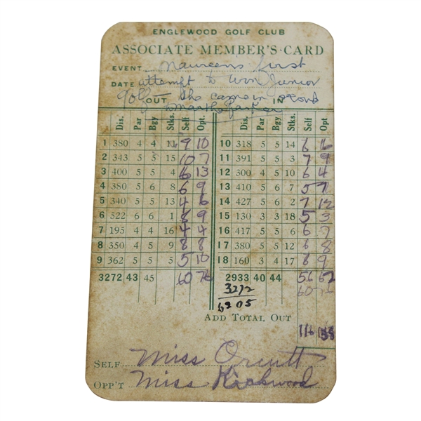 Maureen Orcutt's 1921 Englewood Golf Club Scorecard (site 1909 U.S. Open) - First Attempt to Win Junior Golf