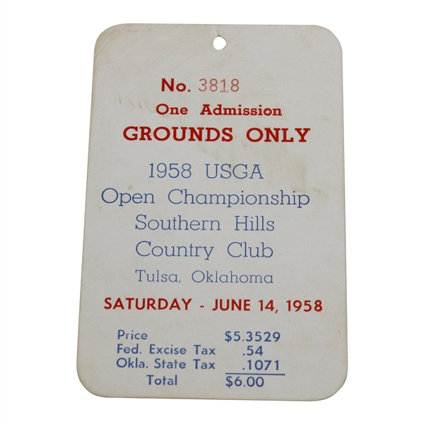 1958 US Open at Southern Hills CC Saturday Ticket #3818 - 6/14/1958