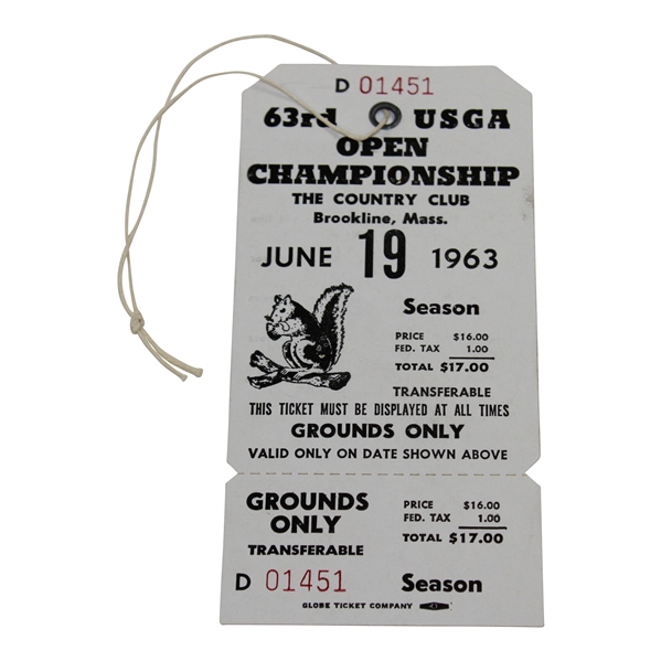 1963 US Open at The Country Club Unused Ticket #01451 with Original String - 6/19/1963