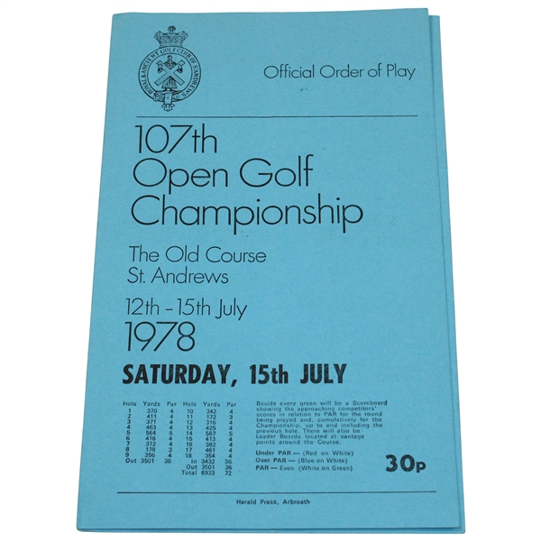 1978 OPEN Championship at St. Andrews Saturday Official Order of Play Booklet
