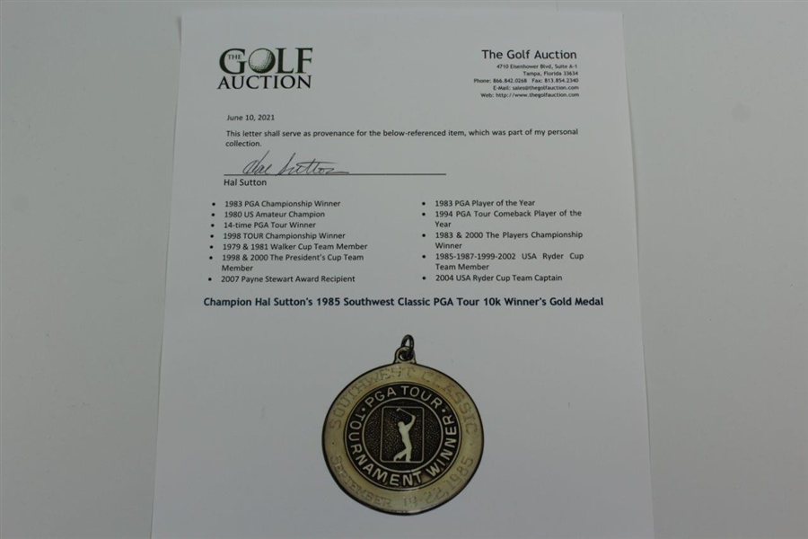 Champion Hal Sutton's 1985 Southwest Classic PGA Tour 10k Winner's Gold Medal