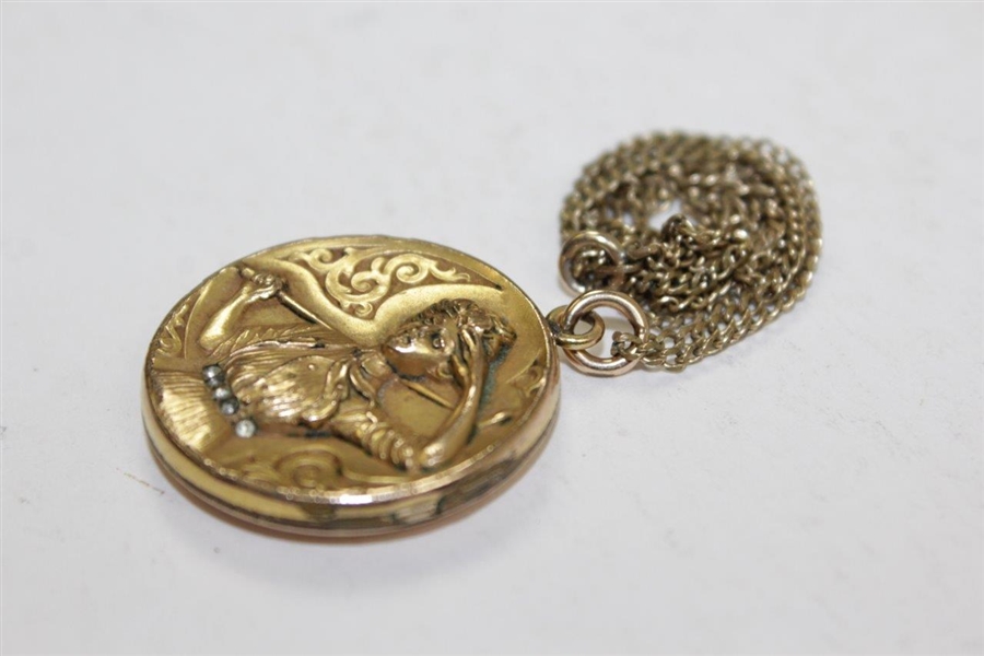 Vintage Woman Golfer Gold Tone Locket Necklace