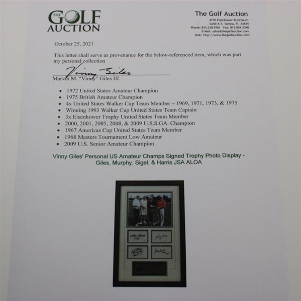 Vinny Giles' Personal US Amateur Champs Signed Trophy Photo Display - Giles, Murphy, Sigel, & Harris JSA ALOA