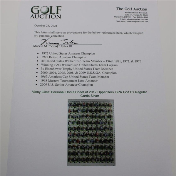 Vinny Giles' Personal Uncut Sheet of 2012 UpperDeck SPA Golf F1 Regular Cards Silver