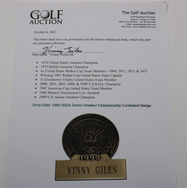 Vinny Giles' 1999 USGA Senior Amateur Championship Contestant Badge