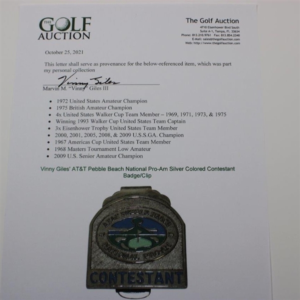 Vinny Giles' AT&T Pebble Beach National Pro-Am Silver Colored Contestant Badge/Clip