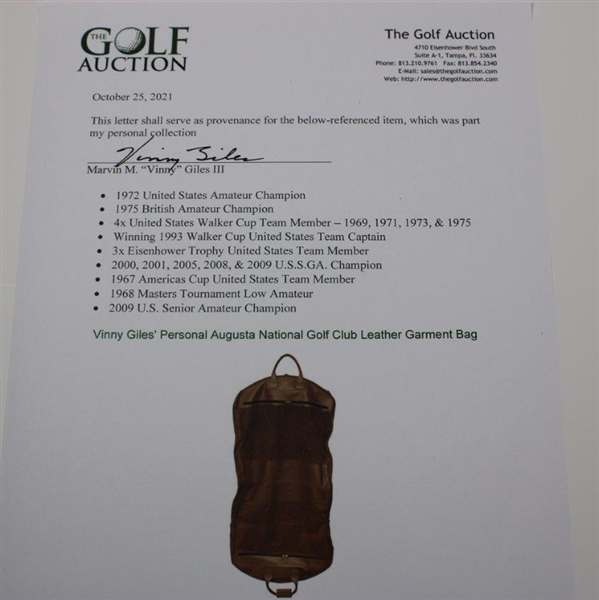 Vinny Giles' Personal Augusta National Golf Club Leather Garment Bag