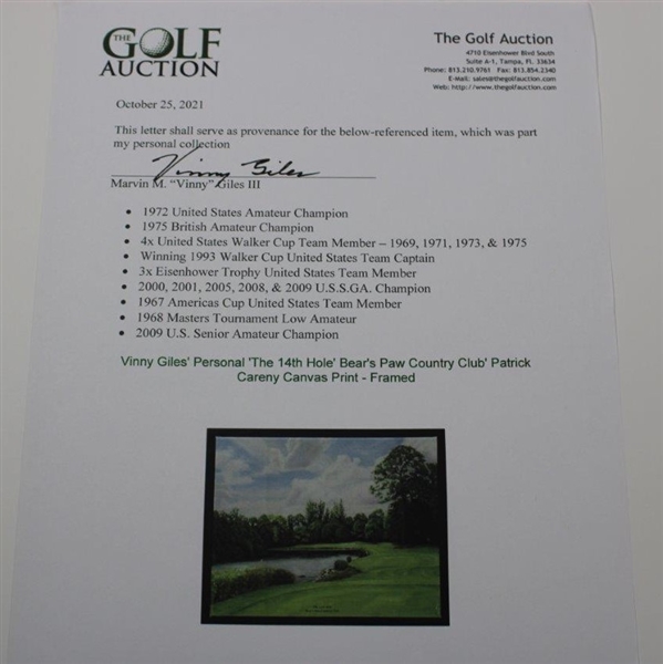 Vinny Giles' Personal 'The 14th Hole' Bear's Paw Country Club' Patrick Careny Canvas Print - Framed