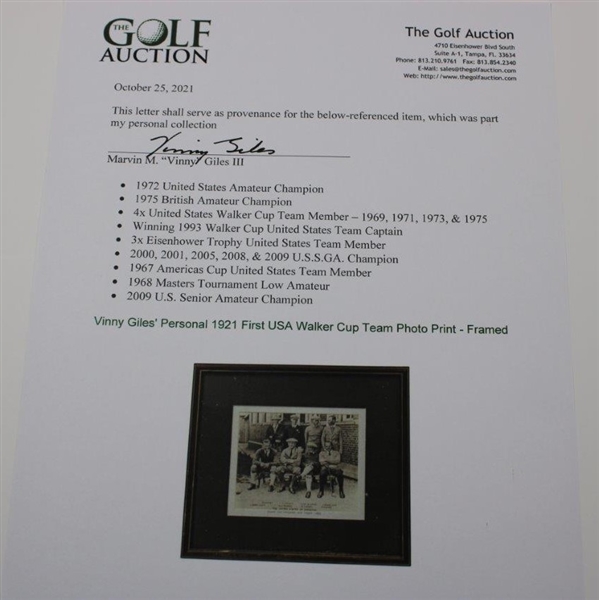 Vinny Giles' Personal 1921 First USA Walker Cup Team Photo Print - Framed