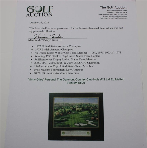 Vinny Giles' Personal The Oakmont Country Club Hole #12 Ltd Ed Matted Print #43/525