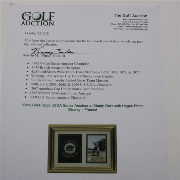 Vinny Giles' 2008 USGA Senior Amateur at Shady Oaks with Hogan Photo Display - Framed