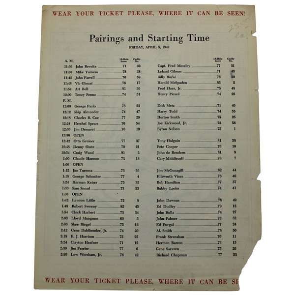 1949 Masters Tournament Friday Pairing Sheet