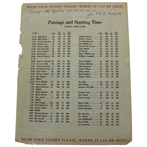 1950 Masters Tournament Sunday Final Rd Pairing Sheet