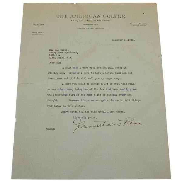 1930 Grantland Rice Signed Typed Letter on 'The American Golfer' Letterhead 12/8/1930