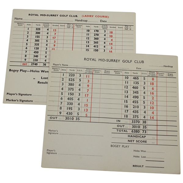 Vintage Royal Mid-Surrey Golf Club Official Scorecards - Regular & Ladies Course