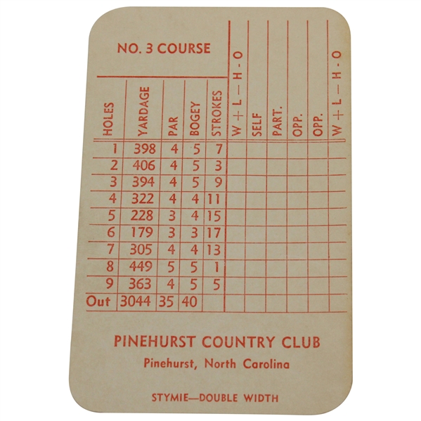 Vintage Pinehurst Country Club No. 3 Course Official Scorecard with Stymie-Double Width