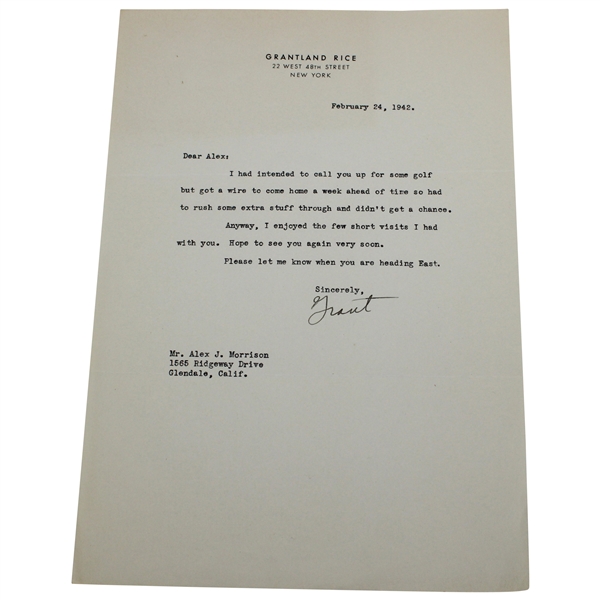 Grantland Rice Signed 1942 Typed Letter to Alex Morrison 2/24/1942 JSA ALOA