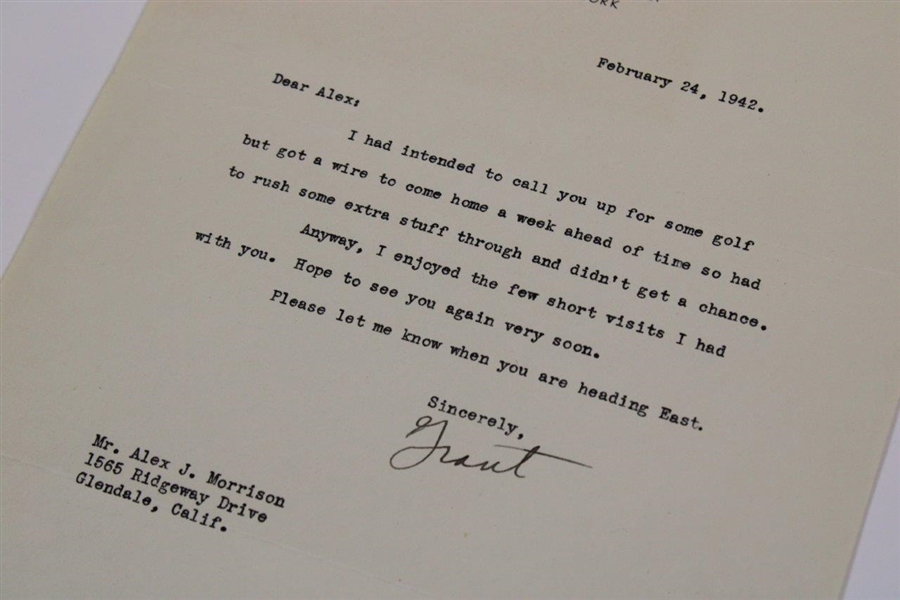 Grantland Rice Signed 1942 Typed Letter to Alex Morrison 2/24/1942 JSA ALOA