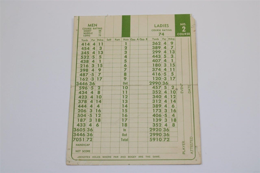 Vintage Pinehurst Country Club No. 2 Course Official Scorecard