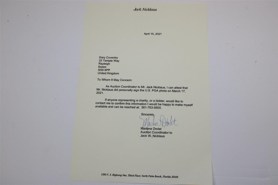 Jack Nicklaus Signed PGA Trophy B&W Photo with Letter JSA ALOA