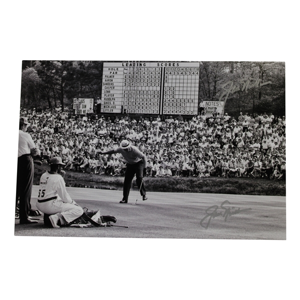 Jack Nicklaus Twice-Signed 1965 Masters Friday Rd 16th Green Putt B&W Photo with Letter JSA ALOA