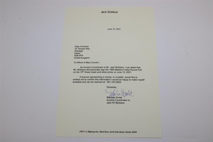 Jack Nicklaus Twice-Signed 1965 Masters Friday Rd 16th Green Putt B&W Photo with Letter JSA ALOA