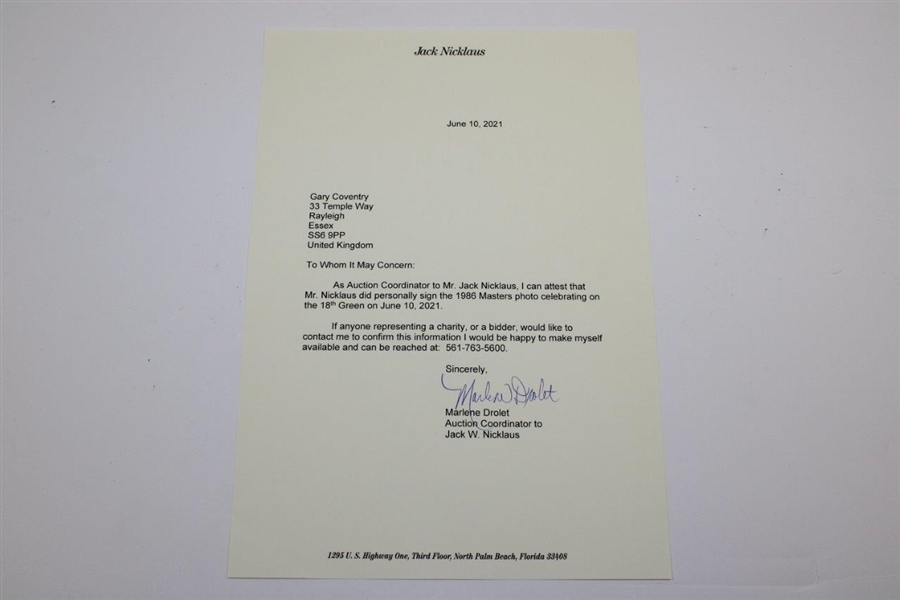 Jack Nicklaus Signed 1986 Masters Final Rd 18th Green Celebration Photo with Letter JSA ALOA