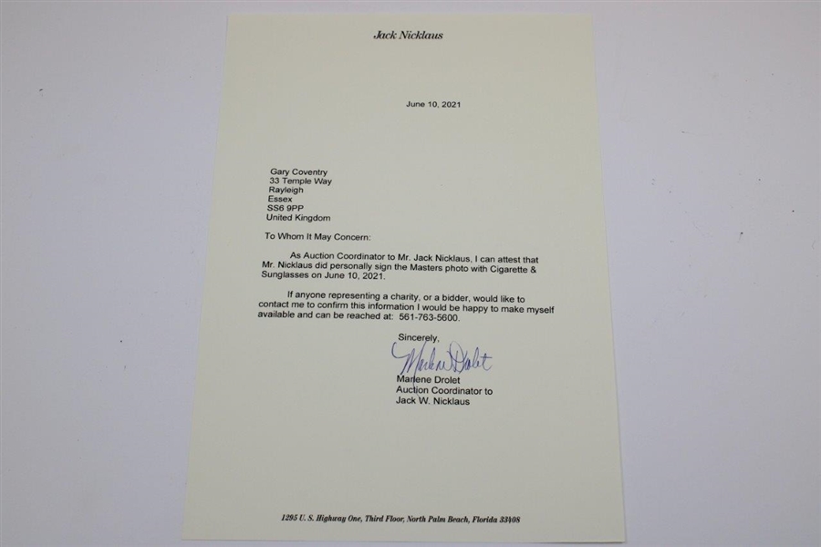 Jack Nicklaus Signed Masters Cigarette & Sunglasses Photo with Letter JSA ALOA