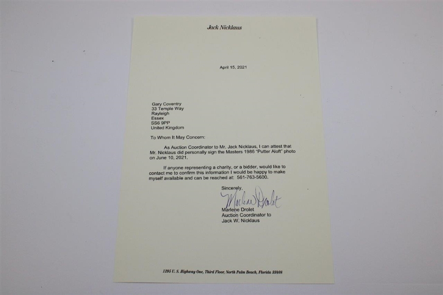 Jack Nicklaus Signed 1986 Masters Putter Aloft Photo with Letter JSA ALOA