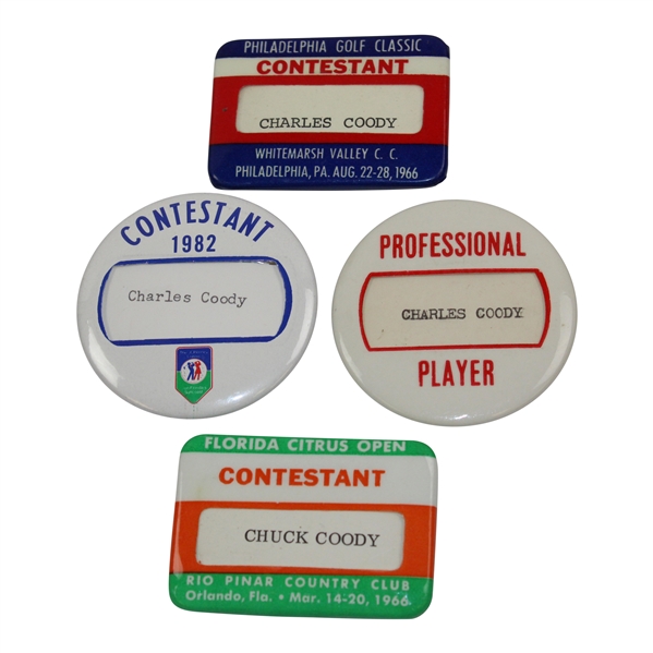 Group of Four (4) Charles Coody Contestant Badges - 1966 (x2), 1982, & Undated