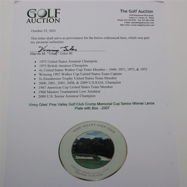 Vinny Giles' Pine Valley Golf Club Crump Memorial Cup Senior Medalist Lenox Plate with Box - 2007