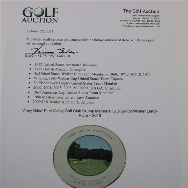Vinny Giles' Pine Valley Golf Club Crump Memorial Cup Senior Winner Lenox Plate - 2010