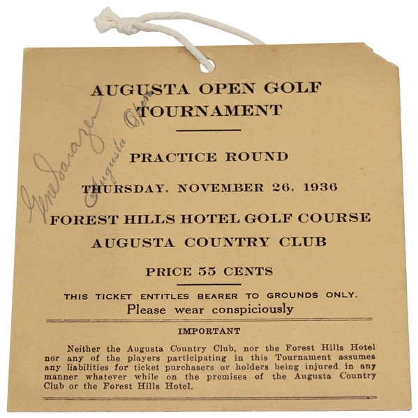 Gene Sarazen Signed 1936 Augusta Open Golf Tournament Practice Rd Ticket JSA ALOA