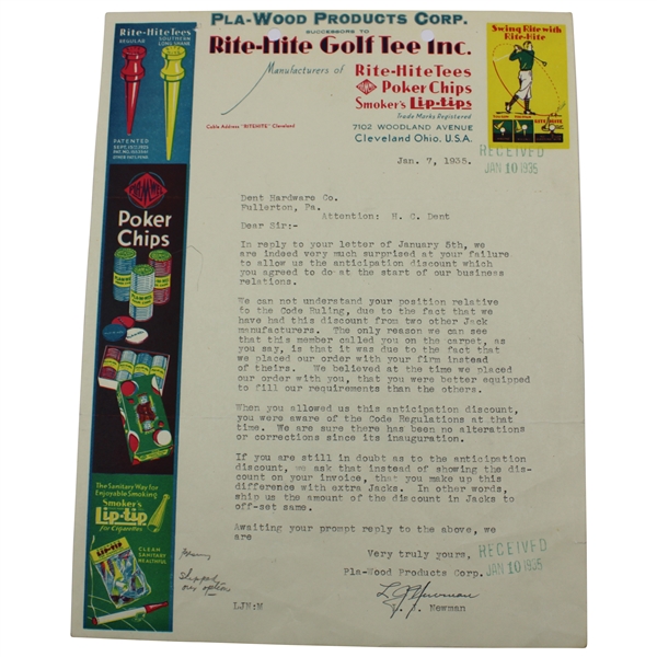 Signed Typed 1935 Letter to H.C. Dent - Great Rite-Hite Tees Sales Content