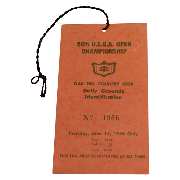 1956 US Open at Oak Hill Country Club Thursday Ticket #1966 with Original String - 6/14/1956