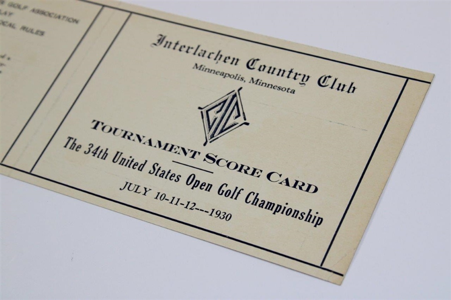 1930 US Open at Interlachen Country Club Official Scorecard - Jones Grand Slam