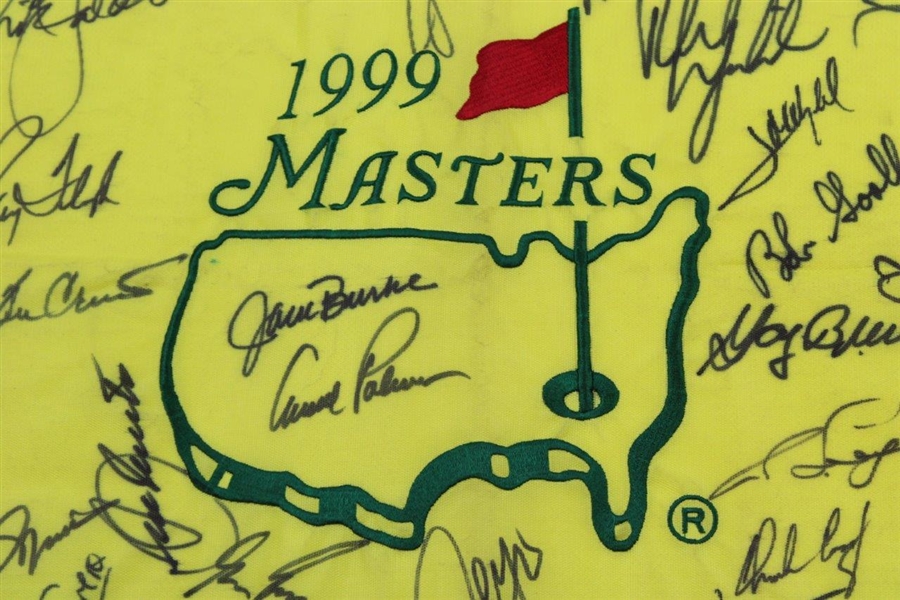 Palmer, Nicklaus, Seve, Player & 21 Masters Champs Signed 1999 Masters Flag JSA FULL #Z93767