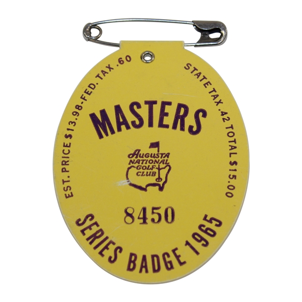 1965 Masters Tournament SERIES Badge #8450 with Original Pin - Jack Nicklaus' 2nd Masters Win