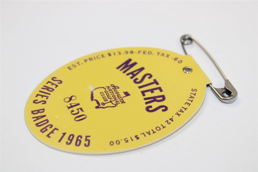 1965 Masters Tournament SERIES Badge #8450 with Original Pin - Jack Nicklaus' 2nd Masters Win