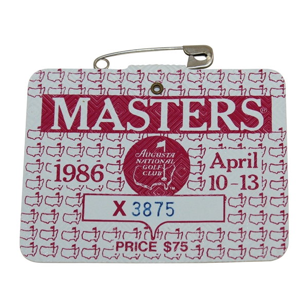 1986 Masters Tournament SERIES Badge #X3875 with Original Pin - Jack Nicklaus' 6th Masters Win