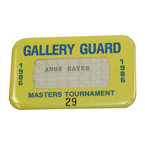 1986 Masters Tournament Gallery Guard Badge #29 Issued to Amos Hayes - Jack Nicklaus' 6th Masters Win