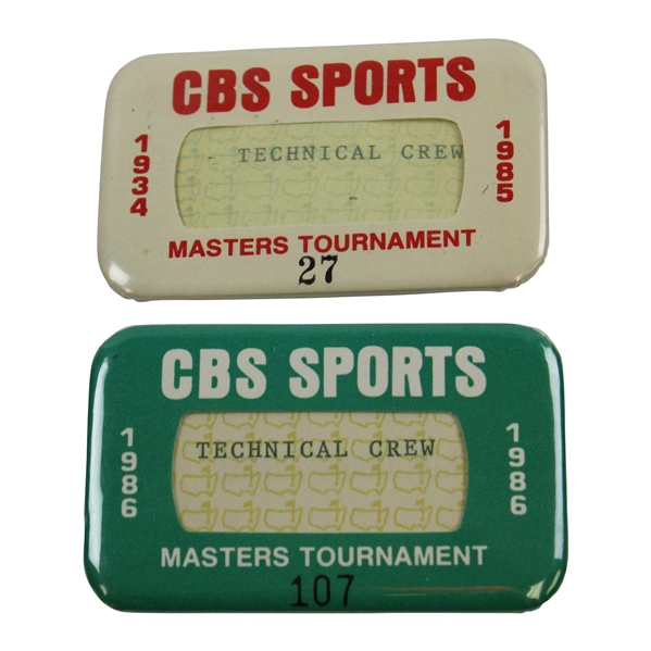 1985 & 1986 Masters Tournament CBS Sports Badges #27 & #107 - Jack Nicklaus & Langer Winners
