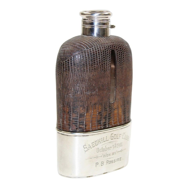 1901 Saegkill GC Won by P.B. Rossire Sterling Silver, Glass & Leather Sheath Flask w/Enameled Golfer