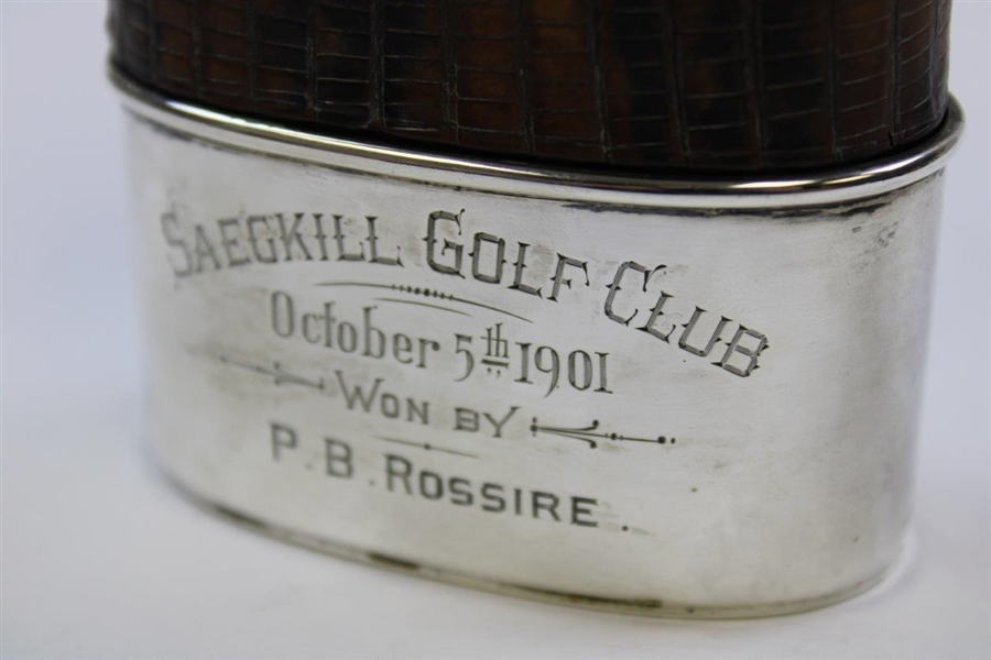 1901 Saegkill GC Won by P.B. Rossire Sterling Silver, Glass & Leather Sheath Flask w/Enameled Golfer