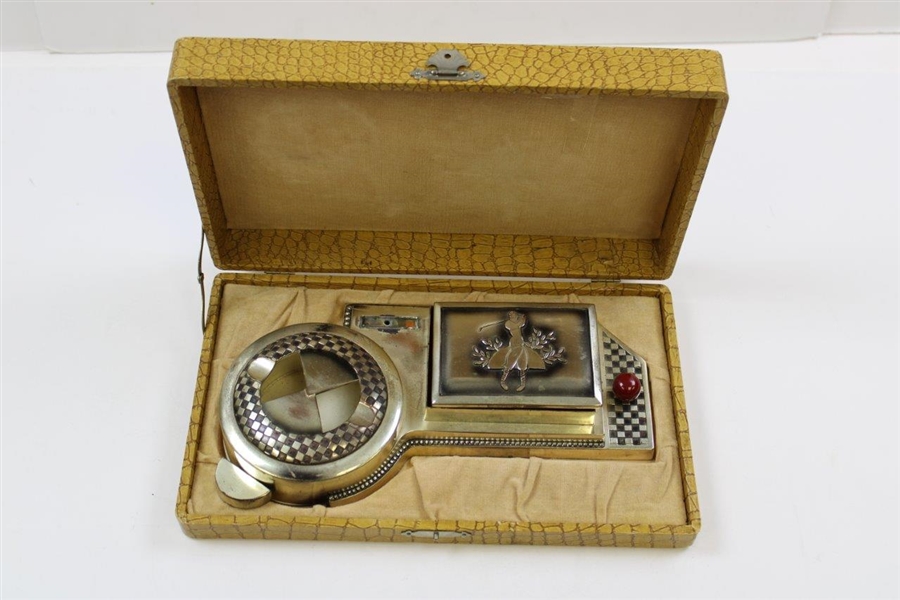 Vintage Art Deco Golf Themed Ash Tray with Holder in Original Custom Case